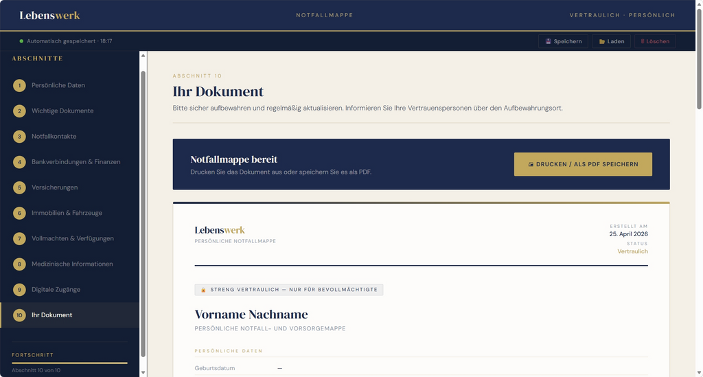 Notfallmappe Interaktive Vorlage zum Ausfüllen – sicher, übersichtlich, lokal gespeichert