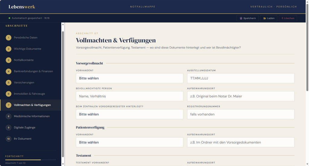 Notfallmappe Interaktive Vorlage zum Ausfüllen – sicher, übersichtlich, lokal gespeichert