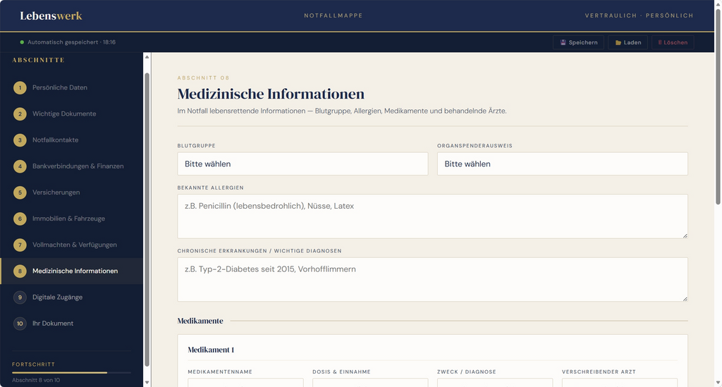 Notfallmappe Interaktive Vorlage zum Ausfüllen – sicher, übersichtlich, lokal gespeichert